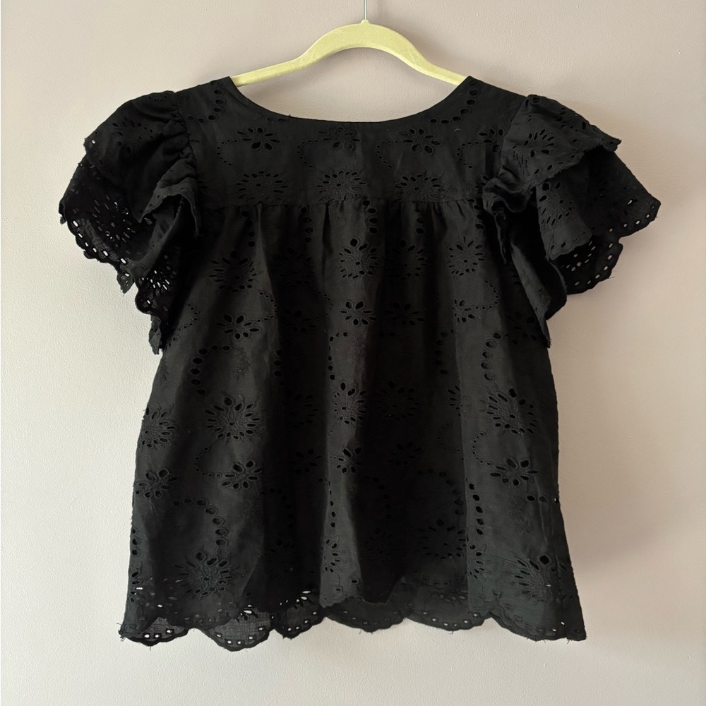 Black Eyelet Ruffle Sleeve Top
